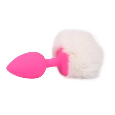 Анальная пробка Sexy Friend Funny tail, розовый силикон, белый хвост, 7х2,8см