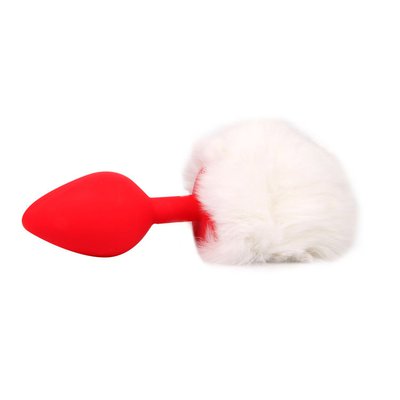 Анальная пробка Sexy Friend Funny tail, красный силикон, белый хвост, 8х3,4см