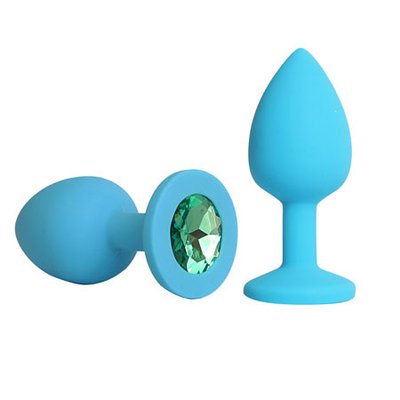 Женская анальная пробочка, голубая с зеленым стразом, силикон, 7,3х3см