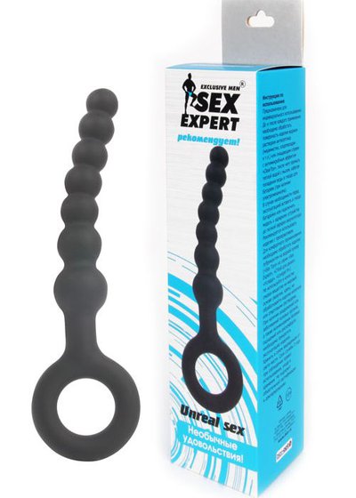 Анальная цепочка Exclusive men™ Sex Expert, кольцом, черный силикон, 17,3/13х1,6-2,5см