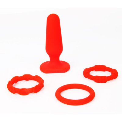 Набор Hot Storm (анальная пробка, кольца), красный силикон 7,3х2,5/d3см