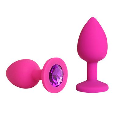 Женская анальная пробочка, розовая с фиолетовым стразом, силикон, 7,3х3см