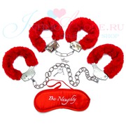 Стартовый BDSM набор (наручники, оковы, маска), красный мех