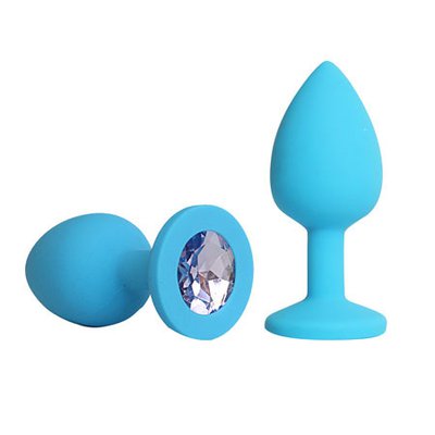 Женская анальная пробочка, голубая с сиреневым стразом, силикон, 7,3х3см