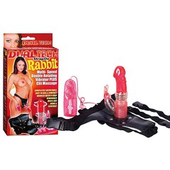 Вибрострапон Dual Tech StrapOn Rabbit (трусики и вибратор с зайчиком для клитора), 17х3,3-3,8см