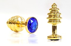 Анальная пробка Notabu BDSM Small Gold, синий кристалл, 7,5х3см/136г
