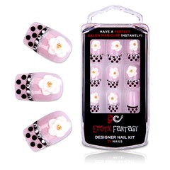 Акриловые типсы Black Dots & Crystal с цветочками, 24шт