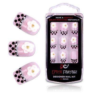 Акриловые типсы Black Dots & Crystal с цветочками, 24шт