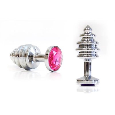 Анальная пробка Notabu BDSM, серебристый металл и ярко-розовый страз, 7,5х3см/136г