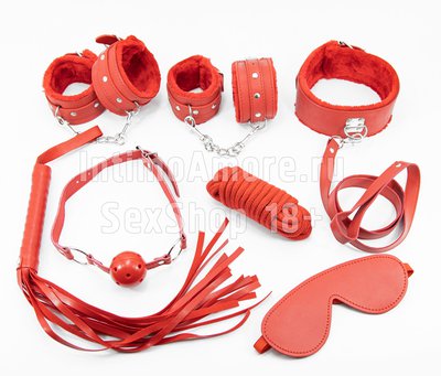 Красный БДСМ набор 7 предметов, экокожа и мех