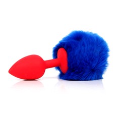 Анальная пробка Sexy Friend Funny tail, красный силикон, синий хвост, 7х2,8см