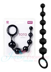 Рельефная анальная цепочка Toto с кольцом, черный силикон, 23х1,4-2,5см