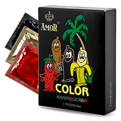 Презервативы Amor® Color (ребрист, черный, красный) в смазке, 53мм, 1уп/3шт, годен до 07.24г
