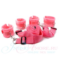 БДСМ набор с мягкими браслетами для бондажа на кровати, розовый
