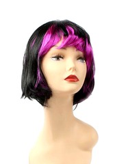 Карнавальный парик на резинке, короткий черный с фиолетовыми локонами, 33см