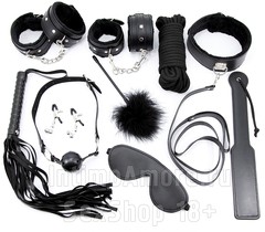 Черный БДСМ набор 10 предметов, экокожа и мех