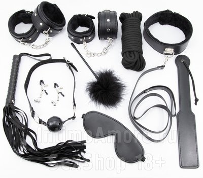 Черный БДСМ набор 10 предметов, экокожа и мех