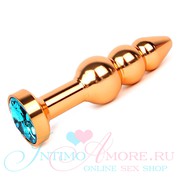 Золотистая анальная пробка с голубым стразом, металл, 95г/11,3х2,8см