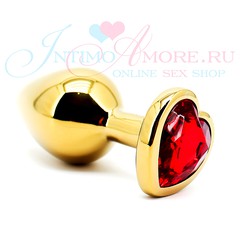 Анальная пробка Jewelry plugs золотистая, красный страз-сердце, алюминий, 8х3,4см/84г