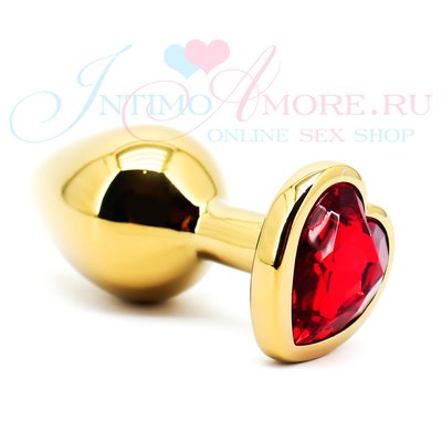 Анальная пробка Jewelry plugs золотистая, красный страз-сердце, алюминий, 8х3,4см/84г