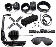 Черный БДСМ набор 10 предметов, экокожа и мех
