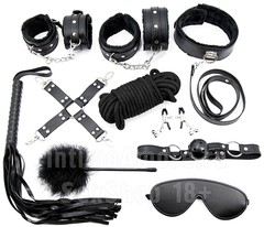 Черный БДСМ набор 10 предметов, экокожа и мех