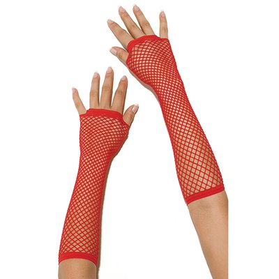 Длинные красные перчатки-митенки в сетку, OS(42-46р)