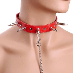 Ошейник с шипами и цепью Sitabella® BDSM, натуральная кожа, красный