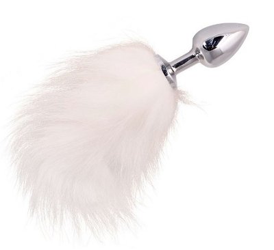 Анальная пробка с белым хвостиком Small Silver Plug With White Small Tail, 7х2,8см
