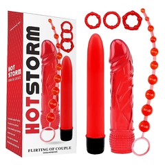Набор интим-игрушек Hot Storm flirting of couple (вибратор, насадка, цепочка, кольца), красный