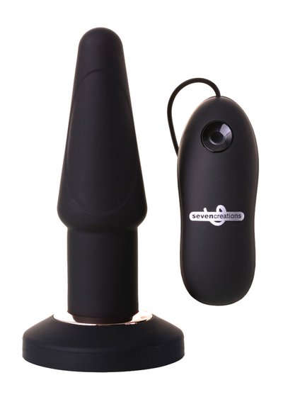 Анальная вибропробка Apex large butt plug на присоске, 7 реж, черный силикон, 14,5х3,5см