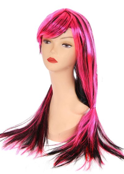 Карнавальный парик на резинке, длинные волосы с челкой, розовый неон с черным, 67см