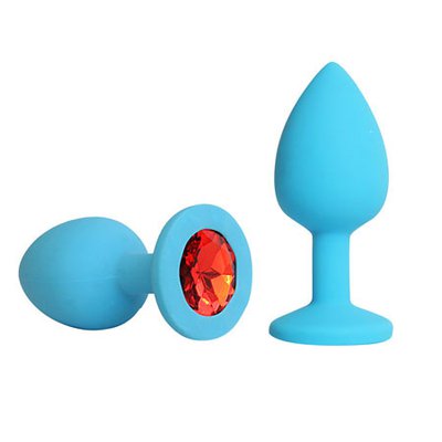 Женская анальная пробочка, голубая с красным стразом, силикон, 7,3х3см