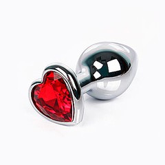 Серебристая анальная пробка из металла с сердцем, красный страз, 7,5х2,7см/56г