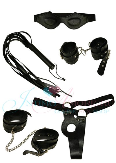 БДСМ набор Bad Kitty д/бондажа (наручники, оковы, трусики, плетка, маска), иск. кожа