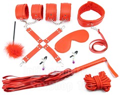 Красный БДСМ набор 10 предметов, экокожа и мех