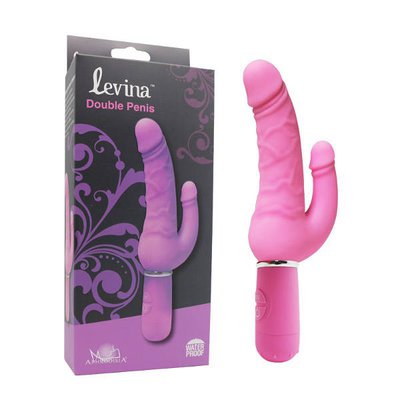 Вибратор Levina Double Penis для двойного проникновения, розовый силикон, 10 режимов, 21,5см